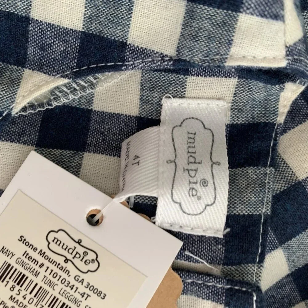 Mud Pie Girl’s Size 4T Blue White Gingham Dot Long Sleeve Tunic Top NWT